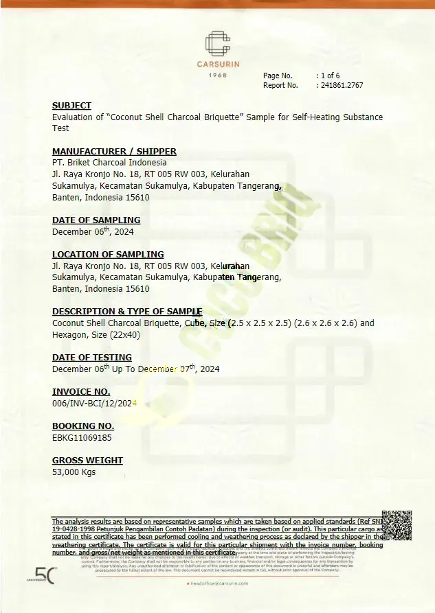 Carsurin certification document for Cocobriq coconut charcoal briquettes quality and safety