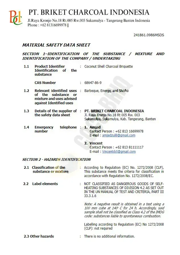 Material Safety Data Sheet (MSDS) for Cocobriq coconut charcoal briquettes
